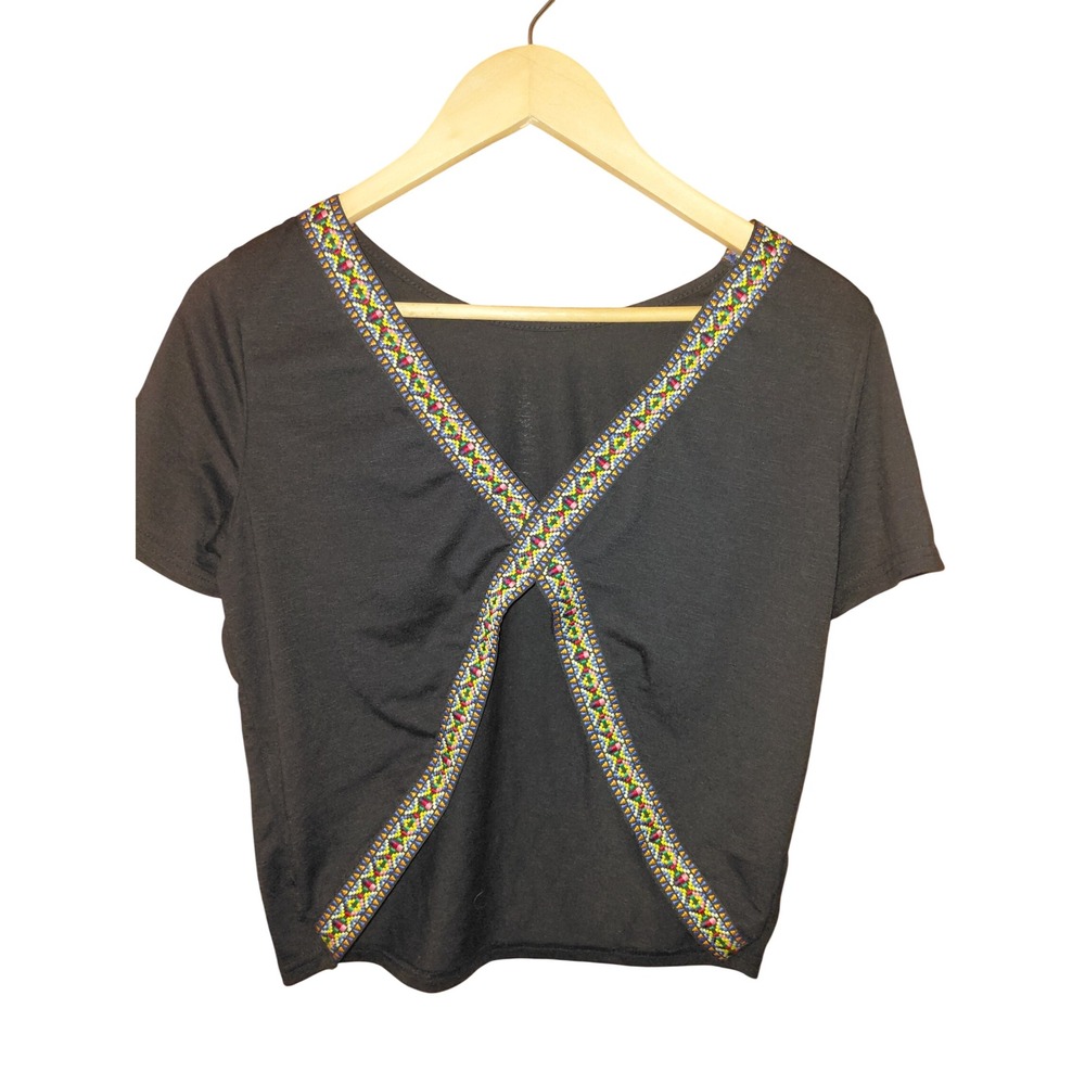 Shein Womens Black Embroidered Crisscross Back Crop Top Short Sleeve Small